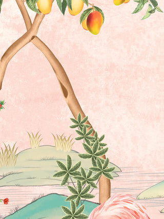 A close-up of the Gulbiya Chinoiserie wall art in Blush Pink showing the arched mango tree trunks and a flamingo's tail.