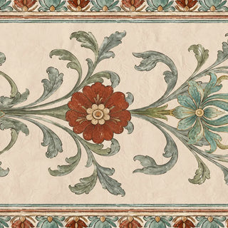 A close-up of the Gulistan Frieze wallpaper showing a red bloom and a blue-green bloom on sage scrolling leaves, between petal borders on a cream ground.