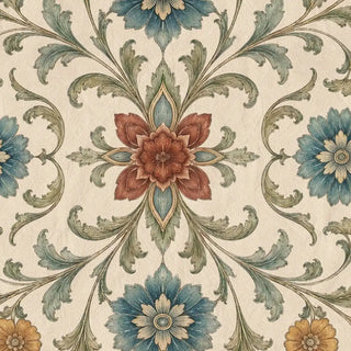 Close-up pattern detail of the Gulistan Medallion ceiling wallpaper showing rust-red floral medallion, blue dahlias, and sage green scrollwork on an ivory ground.