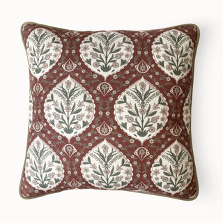 Full front view of the Gulmohar Sultan Garden Cushion with rich maroon floral print.