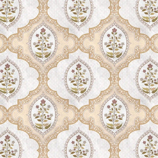 A detailed close-up of the Gulshan wallpaper showcasing the hand-painted floral butis and arched trellis layout.