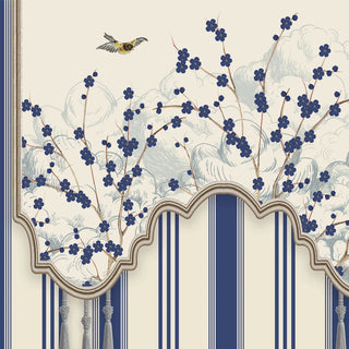A detailed macro close-up of the Hana Stripes highlighting navy flowering branches, a small bird and soft grey clouds within a scalloped panel with tassels