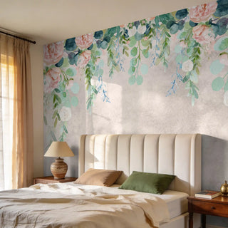 A luxury master bedroom featuring the Hanging Floral watercolor mural as a feature wall behind a cream channel-tufted bed view-bedroom