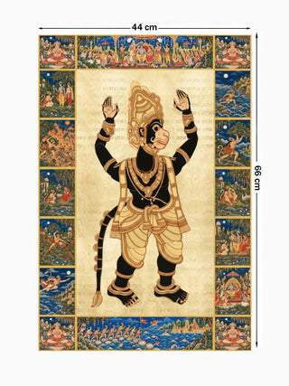 Hanuman Ansh portrait wall art, Lord Hanuman as a shadow puppet inside a border of Ramayana panels, marked with its 66 cm by 44 cm dimensions.