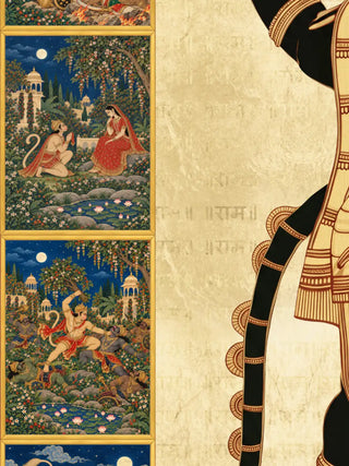 A close-up of the Hanuman Ansh wall art border, with miniature panels of Hanuman kneeling before Sita in a moonlit garden and fighting demons by a lotus pond.