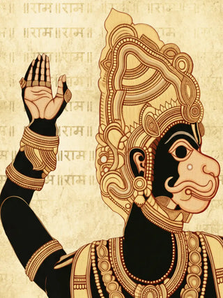 A close-up of the Hanuman Ansh wall art showing the crowned face and raised palm of Hanuman as a leather puppet, before the name Ram in Devanagari.