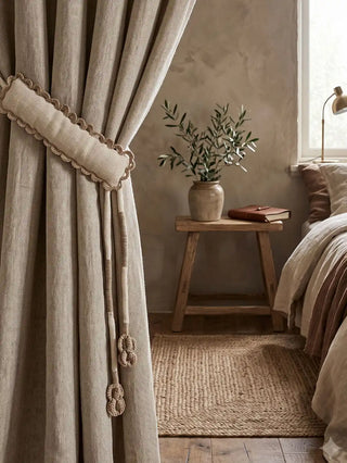 The Hazel Verse custom drapery tie back styled seamlessly over a heavy greige linen curtain in a warm, textured cottage bedroom sanctuary.