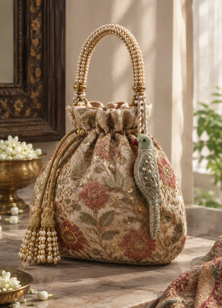 The Heer charm in Sage & Gold, view-potlibag clipped onto an embroidered potli handbag.