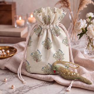 The Heer Parrot Gift Charm in Green & Gold styled beside an ivory potli bag printed with a blossoming tree and perched parrots.
