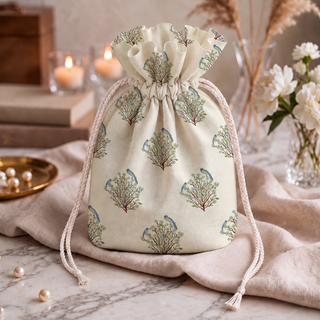 Close view of the ivory potli bag's blossoming tree and perched parrot print, paired with pearls and candles on marble.