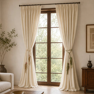 Heer and Ranjha embroidered bird tiebacks in ivory and olive green cinching curtains beside a garden door