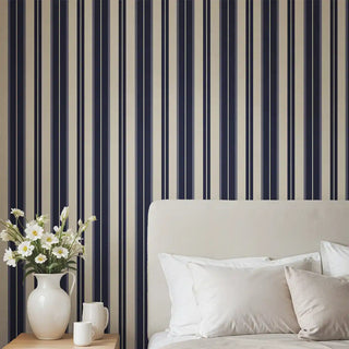 Bedroom styled with Heritage Navy & Cream Stripe Wallpaper Roll, featuring bold navy and cream vertical stripes for a clean, structured, and inviting look.