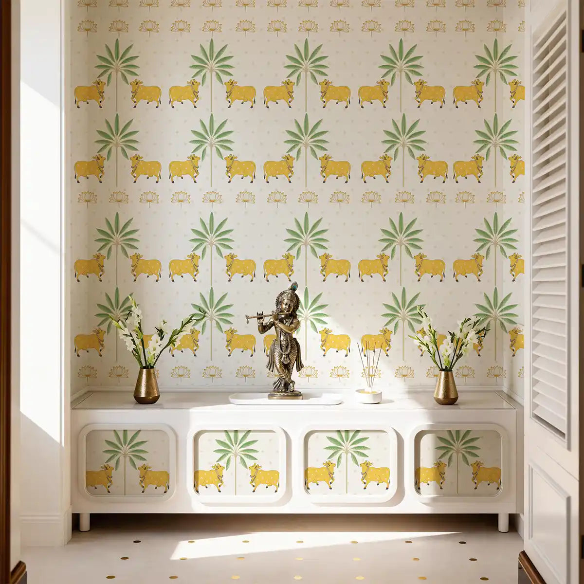 Heritage Pichwai pooja room wallpaper