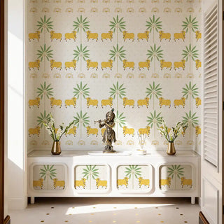 A luxury pooja room featuring Heritage Pichwai wallpaper with sacred yellow cows, lotus motifs, and palm trees view-poojarom