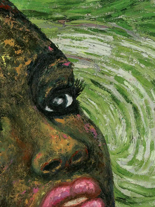 Detailed close-up of Hey Olive Fusion Art showing the portrait face with pink lips and textured green background.