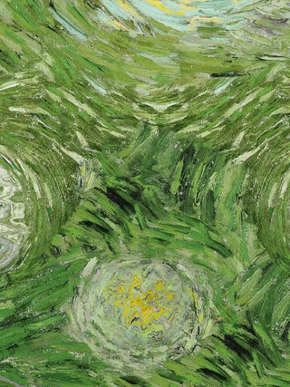 Detailed macro shot of Hey Olive Fusion Art wall art displaying circular swirling impasto paint strokes.