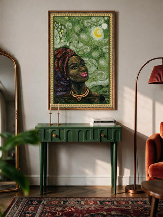 Hey Olive Fusion Art wall art poster mounted above an olive green console table paired with a standing copper lamp.