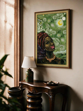 Vertical Hey Olive Fusion Art framed poster mounted above a wooden console table with table lamp and rattan window panel.