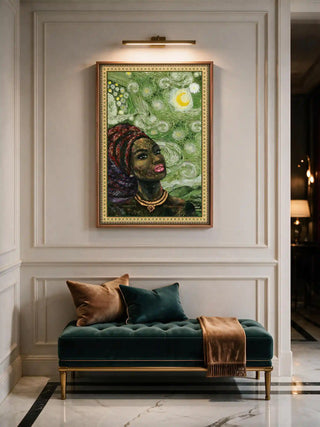 Large framed Hey Olive Fusion Art poster placed above a velvet tufted entryway bench with brass picture light.