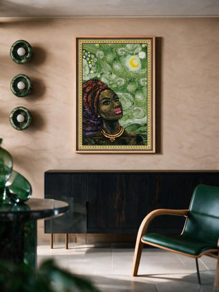 Hey Olive Fusion Art vertical wall art poster hanging above a dark credenza cabinet in a modern living room setting.