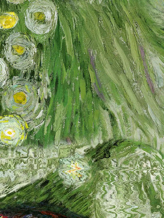 Macro close-up of Hey Olive Fusion Art wall art poster showing swirling green impasto brushstrokes and star details.