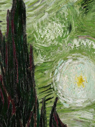 A close-up of the Hey Olive Fusion Art wall art showing the cypress silhouette and glowing moon against the swirling sky.