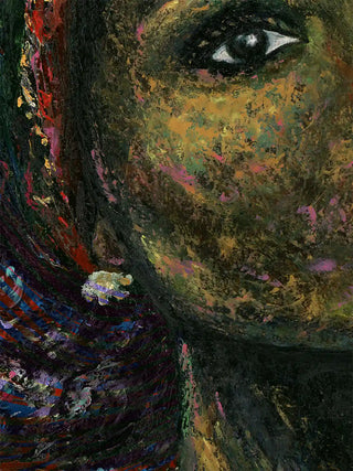 A close-up of the Hey Olive Fusion Art wall art showing the impasto brushwork of the woman's eye and head wrap.