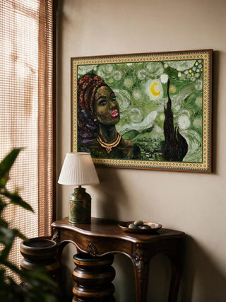 The Hey Olive Fusion Art wall art framed above a wood console with a patterned table lamp.
