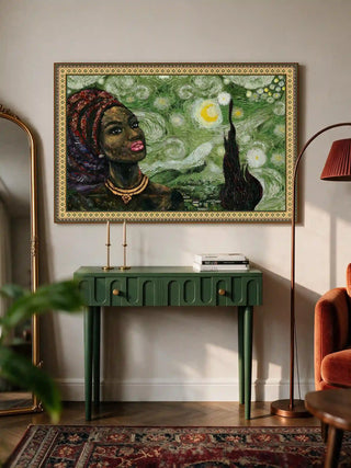 The Hey Olive Fusion Art wall art framed above a green console table between a gilt mirror and a rust velvet chair.