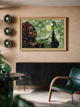 The Hey Olive Fusion Art wall art framed above a dark sideboard beside a green leather chair.