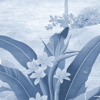 Detailed close-up of the hand-painted texture on a stylized jungle flower and broad leaves from the wallpaper.