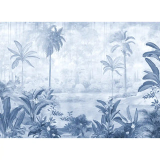 Wide shot of the panoramic design of wallpaper showing palm trees, foliage, and a hidden path in the blue landscape.