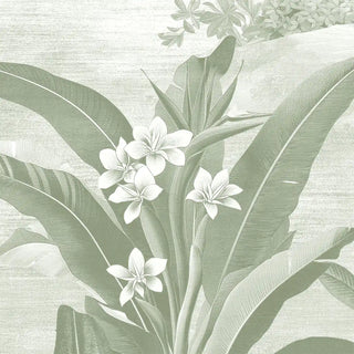 Close-up of the Hidden Grove sage green mural showing hand-painted tropical leaves and bird-of-paradise flowers.