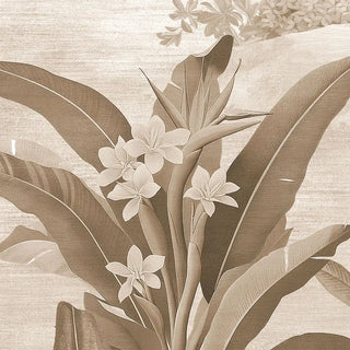 Close-up of the Hidden Grove sepia mural showing hand-painted tropical leaves and bird-of-paradise flowers in clay tones.