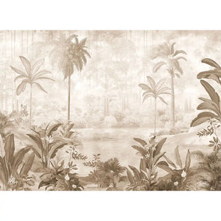 A full landscape view of the Hidden Grove sepia mural featuring hand-painted palm trees and a lake in warm earth tones.