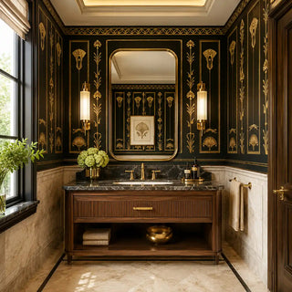 The Zellige Hall black and gold mural wrapping a luxury powder room vanity area with a dark marble countertop.