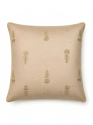A full front view flat lay of the square Hiranya cushion cover showcasing its symmetrical Mughal botanical layout and gold cord piping.