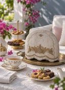 The Hoor tea cosy in Stone, view-terrace styled beside bougainvillea and a tiered cake stand.