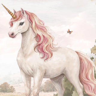 The full panoramic layout of the Horn of Wonders Rustwood mural featuring unicorns, a cottage, and forest.