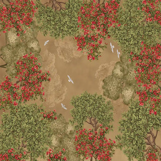 Wallpaper highlighting the seamless botanical design with foliage and blossoms.