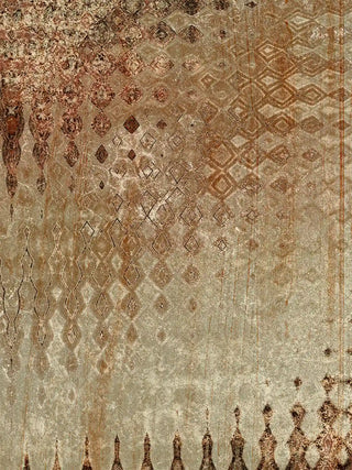 Close-up view of Ikat Fusion Industrial wall art showing blurred diamond geometry and distressed patina ground.