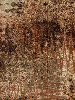 Macro close-up of Ikat Fusion Industrial poster highlighting serrated zig-zag ikat forms against a distressed background.