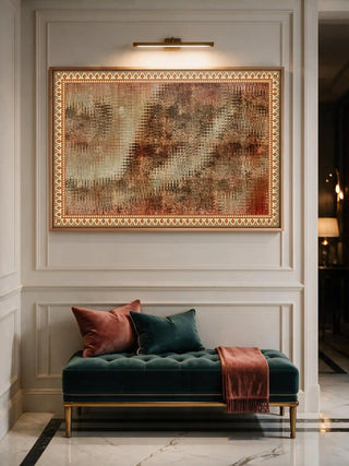Horizontal framed Ikat Fusion Industrial wall art poster mounted above a tufted green bench with velvet throw cushions.