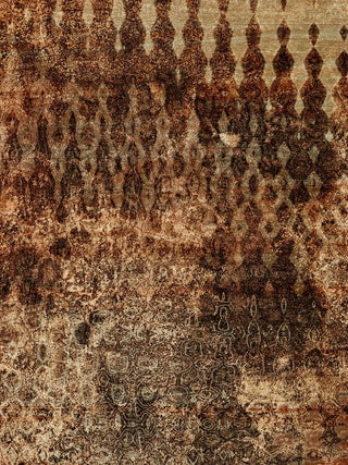 Close-up view of vertical Ikat Fusion Industrial art showing distressed taupe and rust patina textures.
