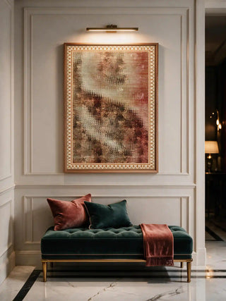 Large vertical Ikat Fusion Industrial poster framed above a velvet tufted bench with accent pillows.