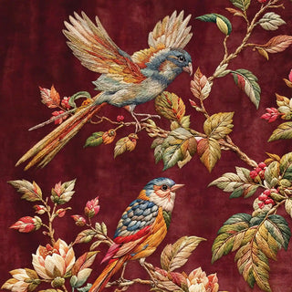 A close-up of the Imperial Garden wallpaper showing two songbirds among leaves and berries in an embroidered-thread effect on deep maroon