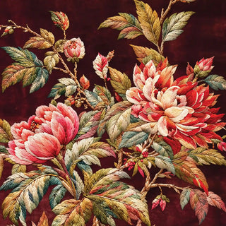 A close-up of the Imperial Garden wallpaper showing layered peonies in red, pink and cream with sage leaves in an embroidered-thread effect