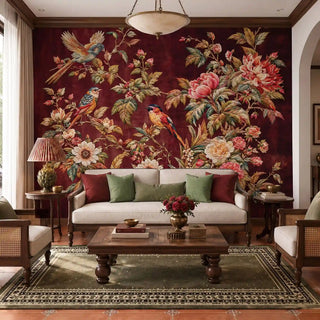 The Imperial Garden wallpaper mural in burgundy behind a cream sofa with maroon and sage cushions, songbirds among peonies above view-livingroom
