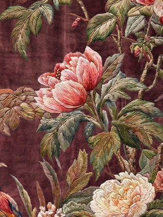 Close-up of hand-illustrated peony blooms and layered foliage texture in the Imperial Garden design