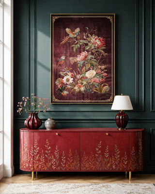 Framed Imperial Garden wall art above a red lacquered console against a dark green paneled wall
